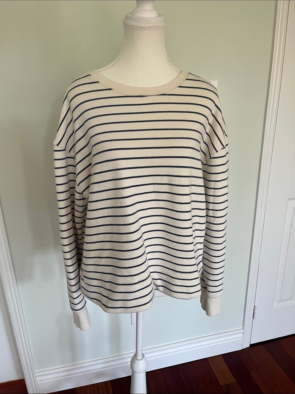 Perfectwhitetee - Cream and Navy Striped Lightweight Sweater